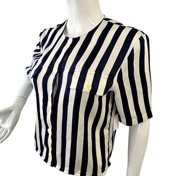 La Chine Petites Galinda Wang Striped Button-Up Shirt 6P Navy Silver Stripes 80s - Picture 1 of 10